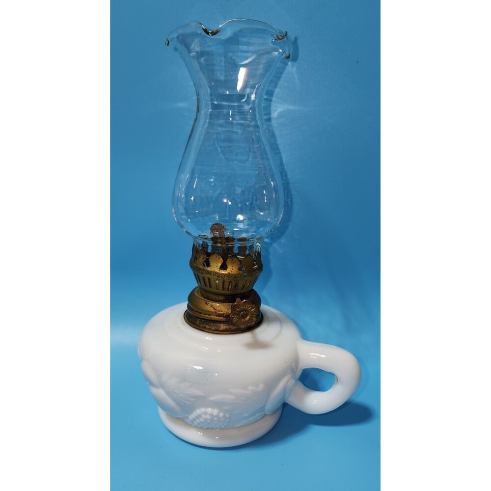 Vintage Miniature Milk Glass Oil Lamp with Fruit Design and Fluted Chimney